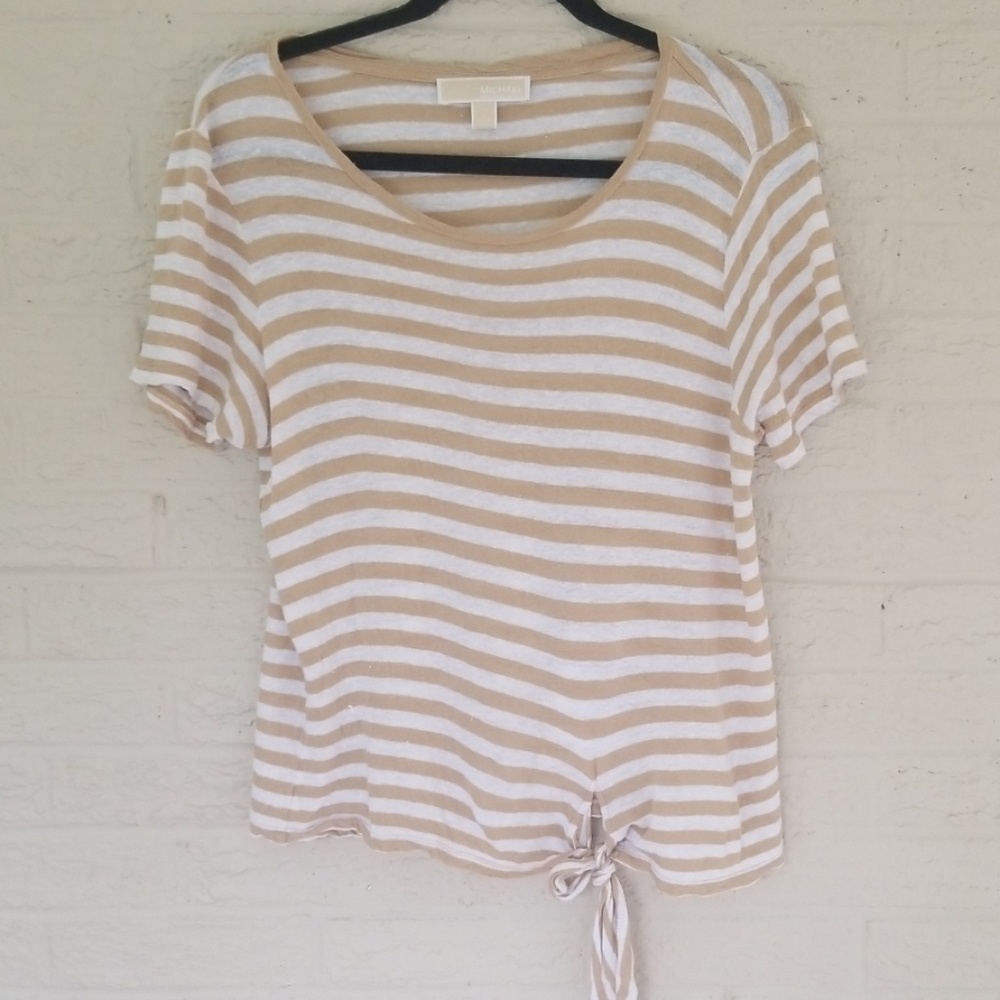 Michael Kors Tan Striped Tie-front Top sz L --cute